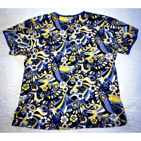 Comfy Cotton V Neck Scrub Top 2 Pockets Blue Yellow Floral Women's S Nursing Vet - Picture 4 of 5